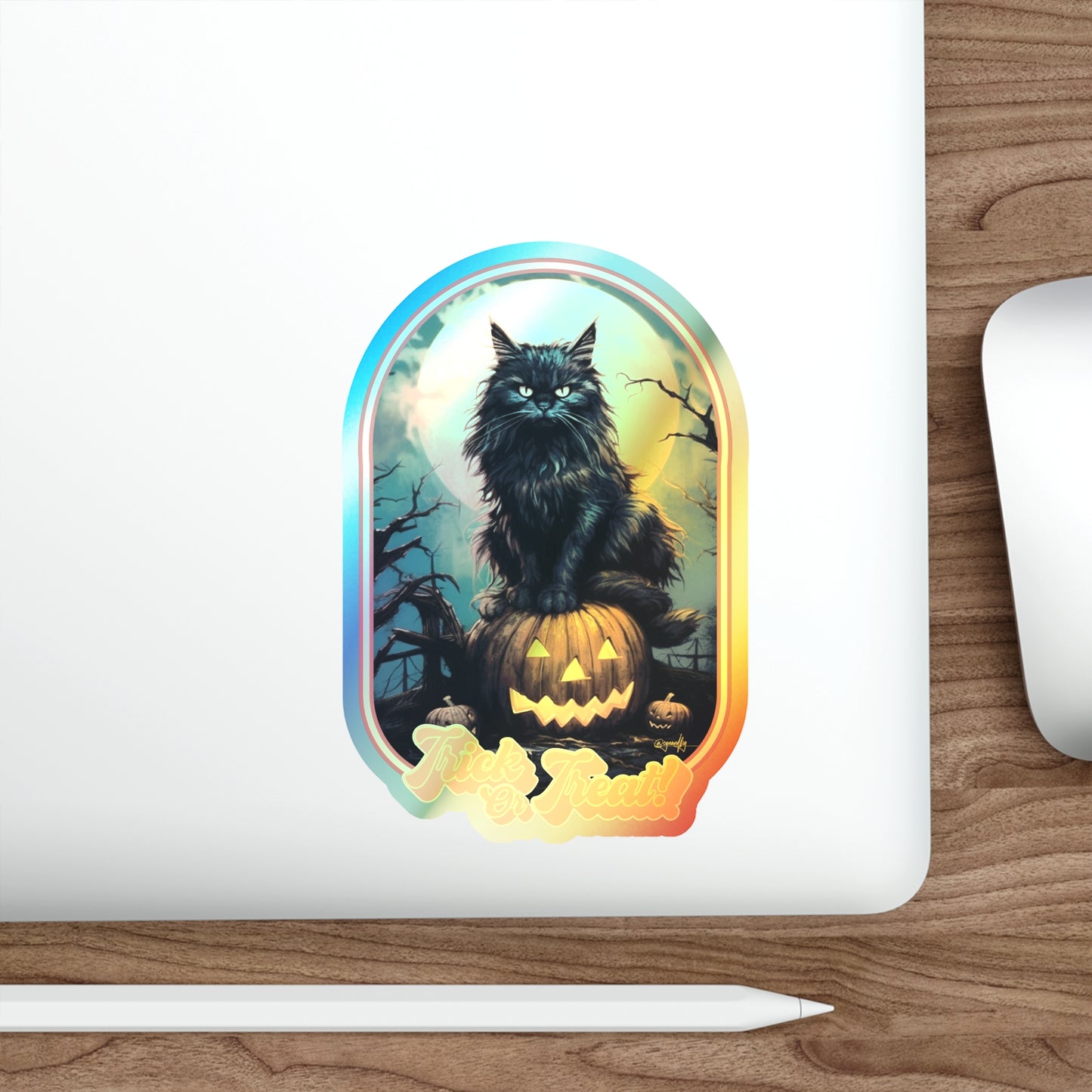 Trick or Treat Halloween Cat Holographic Die-cut Sticker